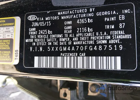 2015 Kia Optima Lx z USA, uszkodzony, nr VIN 5XXGM4A70FG487519